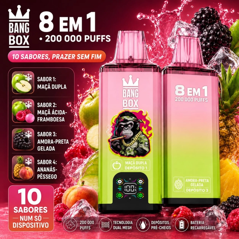 Vape descartável 8 em 1 sabor maçã dupla com framboesa, amora e pêssego