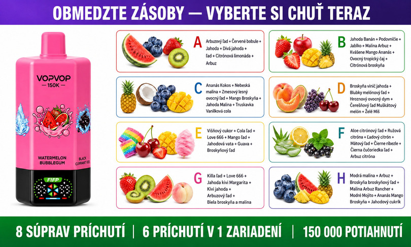 VOPVOP 150 000 – pokročilý vape systém s viacerými chuťami, OLED/LED displejom, mesh technológiou a futuristickým dizajnom