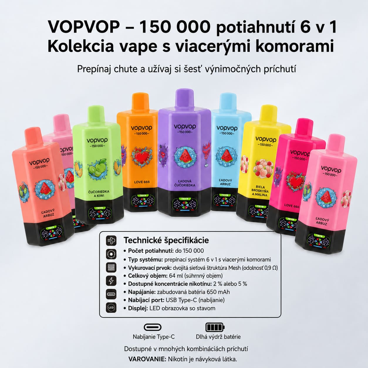 VOPVOP 150 000 – 6 v 1 kolekcia e-cigariet s viacerými príchuťami, prehľad ovocných kombinácií a prepínanie chutí