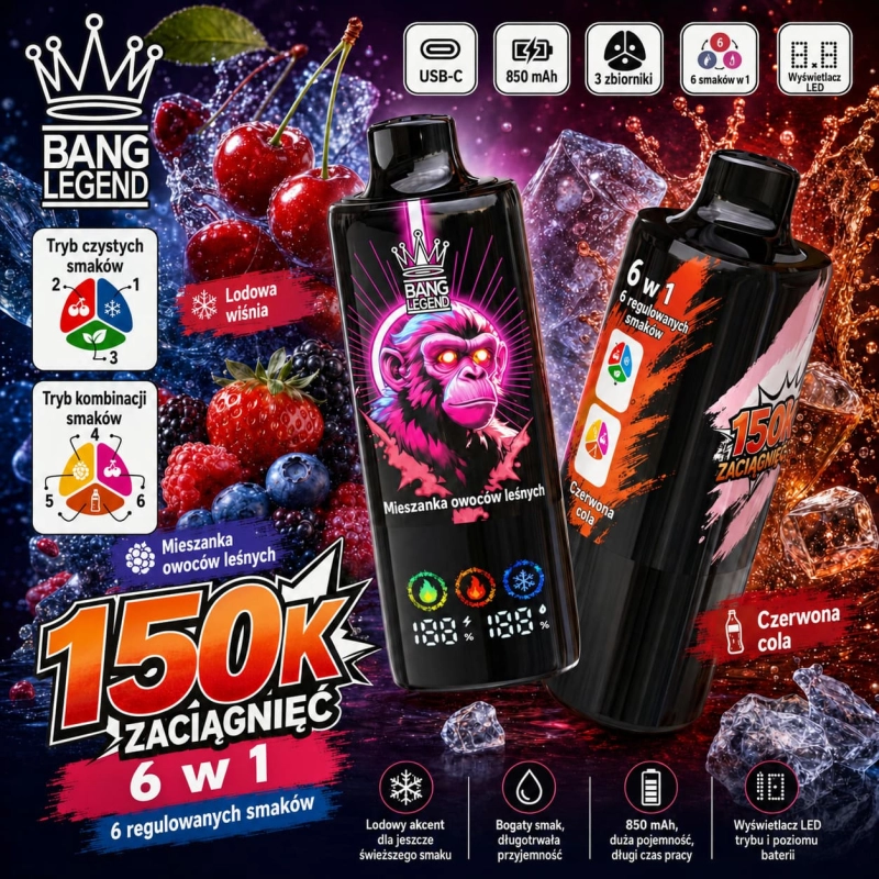 Bang Legend 150K 6 w 1 jednorazowy e-papieros – Wiśnia Lód, Mieszane Owoce Leśne, Czerwona Cola