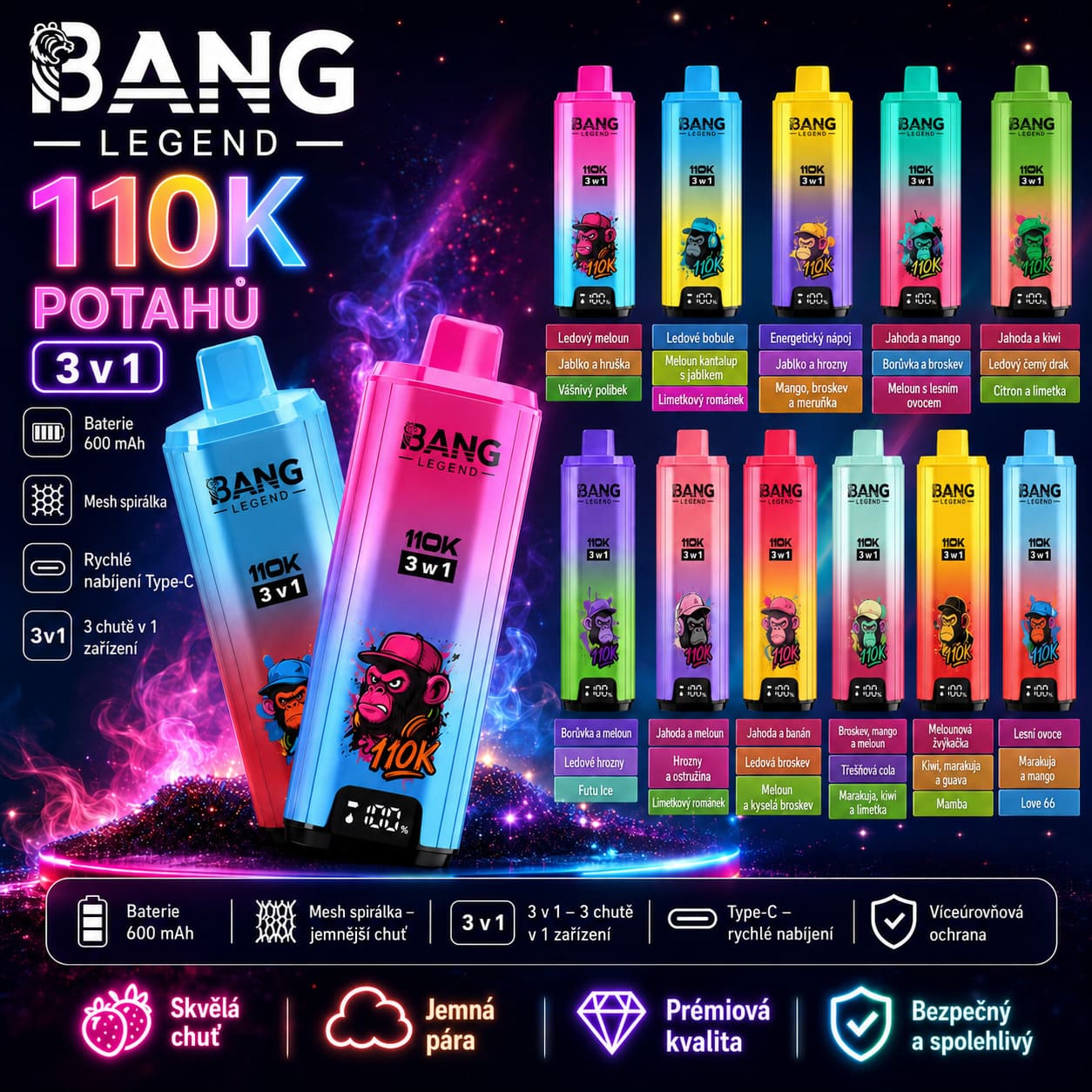 Bang Legend 110K 3 v 1 – jednorázová e-cigareta se 110 000 potahy, digitálním displejem a 12 sadami příchutí