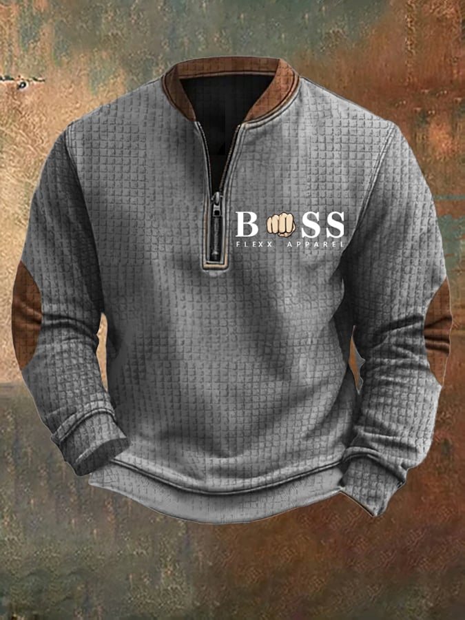 Sweatshirt retro para homem com design de letras estampado com gola com fecho e jacquard quadrado