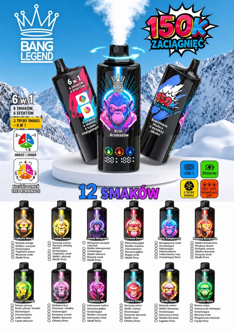 Bang Legend 150 000 – Jednorazowy Vape 6w1 | 150 tys. zaciągnięć | LED Display | USB-C Akumulator