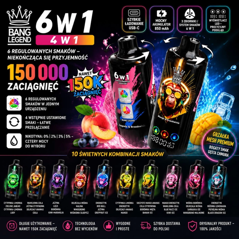 Bang Legend 150K jednorazowy e-papieros 6 w 1 – 150 000 zaciągnięć, LED display, USB-C, akumulator 850 mAh