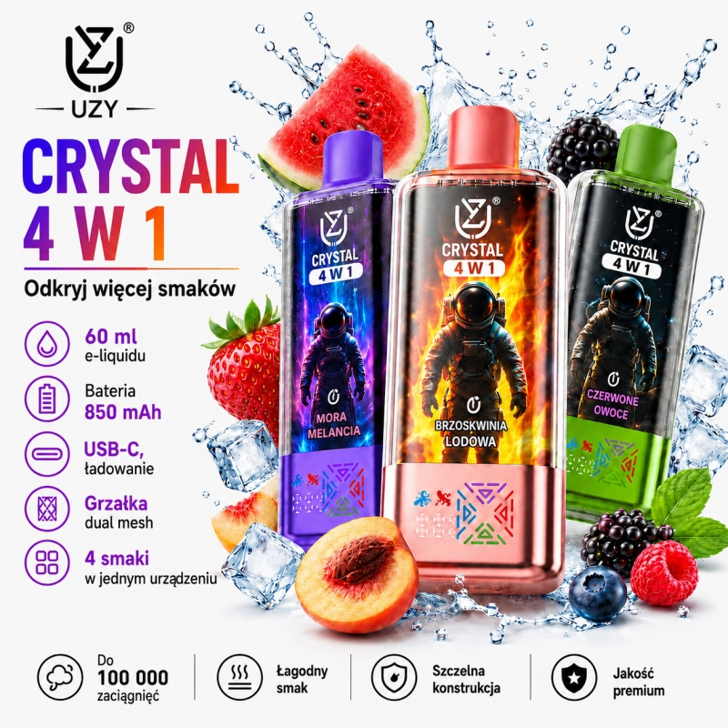 UZY Crystal 100K 4w1 jednorazowy vape z 4 smakami, ekranem LED i ładowaniem Type-C