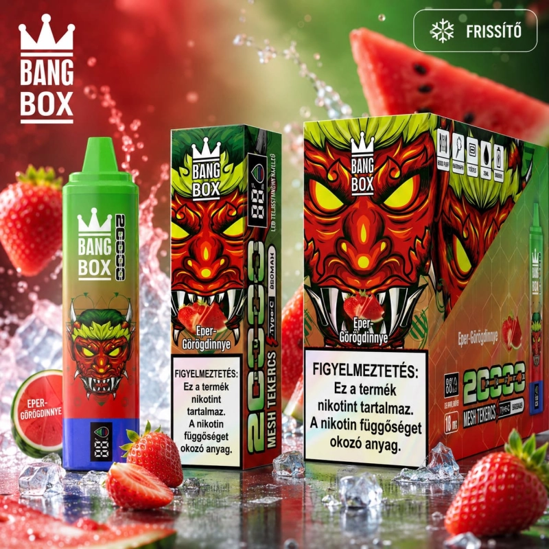 Bang Box 20 000 slukkos eldobható vape eper-görögdinnye ízben, újratölthető Type-C készülék