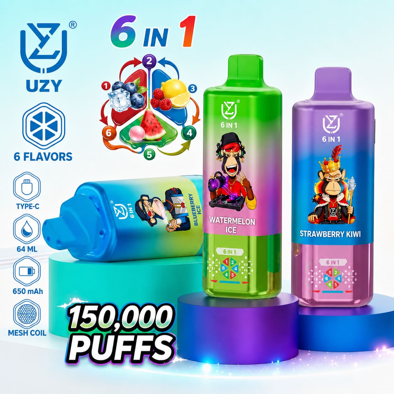 UZY 150K Puffs 6-in-1 rechargeable vape device with 6 flavors, 64ml e-liquid capacity and USB-C charging