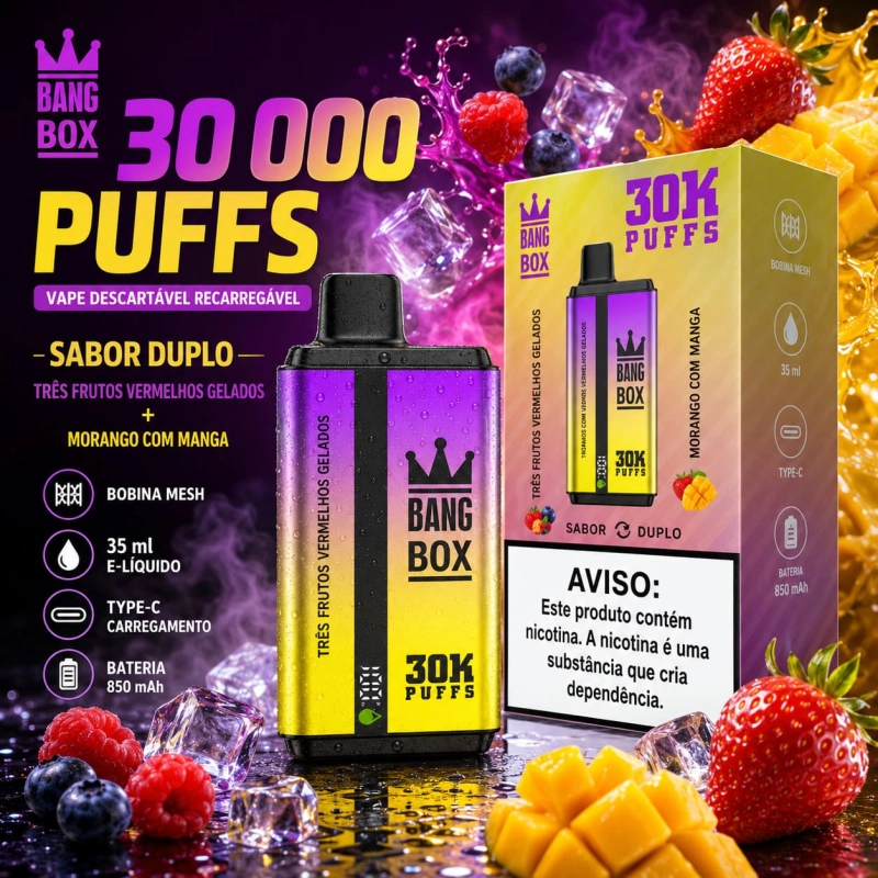 Bang Box 30000 Puffs vape descartável recarregável com dois sabores três frutos vermelhos gelados e morango manga