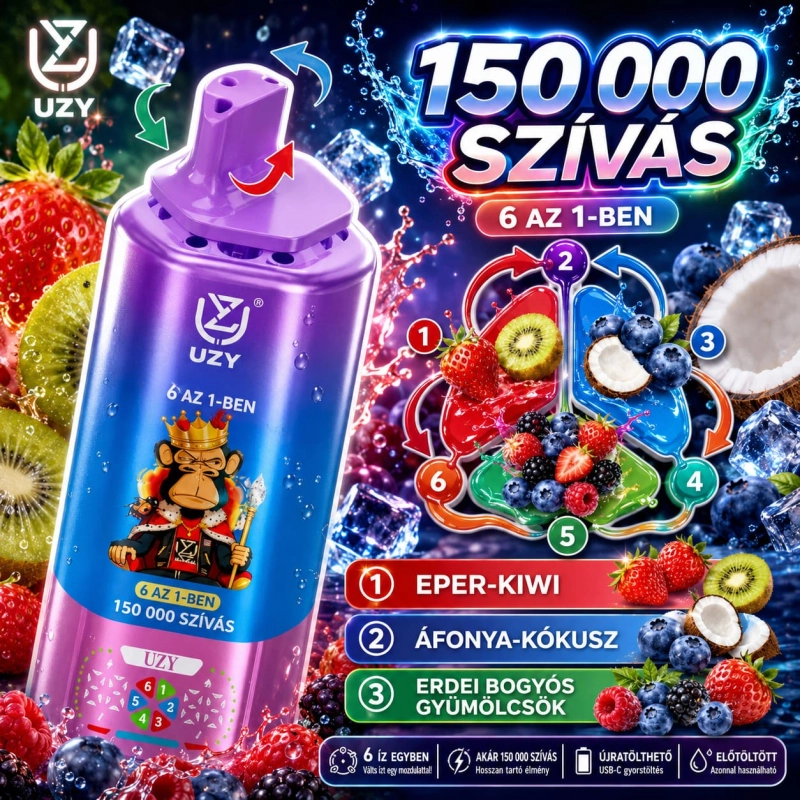 Eper–kiwi, áfonya–kókusz és erdei bogyós gyümölcs ízű eldobható vape készülék