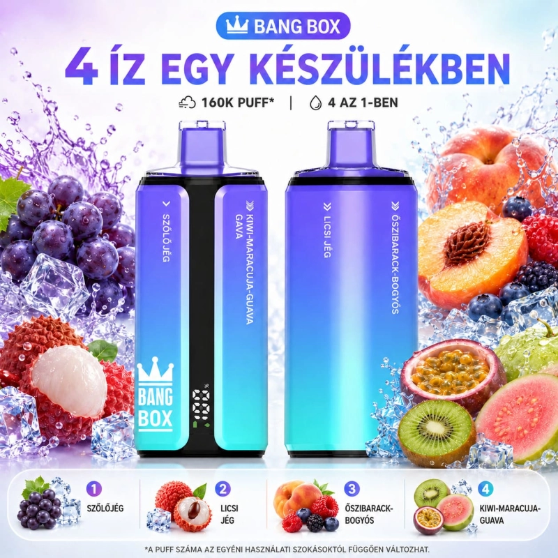 Jeges szőlő, jeges licsi, áfonyás barack és kiwi-maracuja Bang Box 160K 4 íz vape