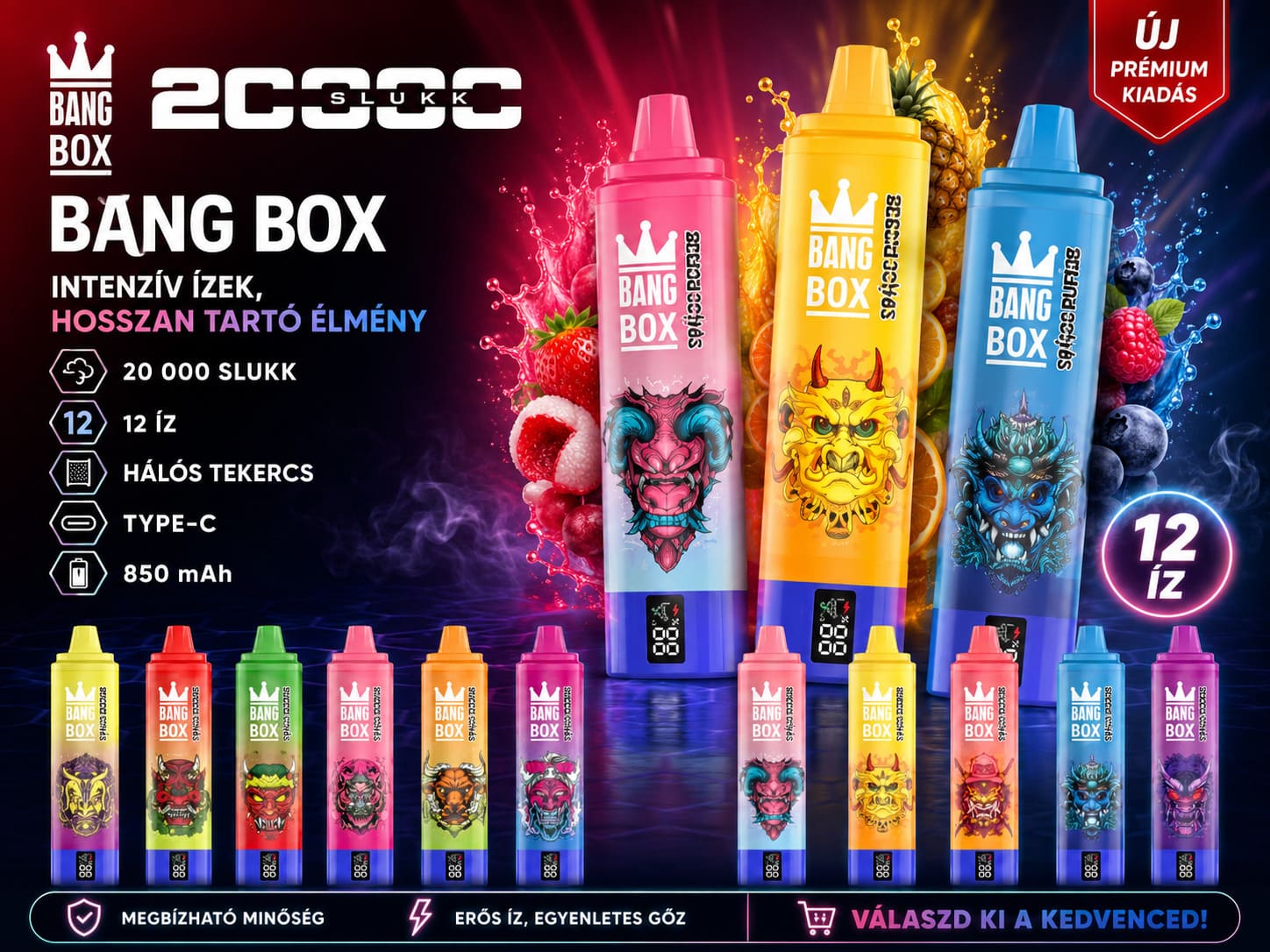 Bang Box 20 000 slukkos eldobható vape többféle ízben, újratölthető Type-C készülék