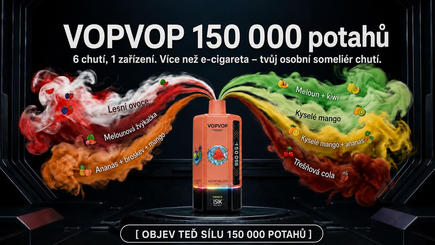 VOPVOP 150 000 potahů 6 v 1 – přehled chutí, ovocné kombinace a plné chuťové spektrum s vizuálním efektem páry