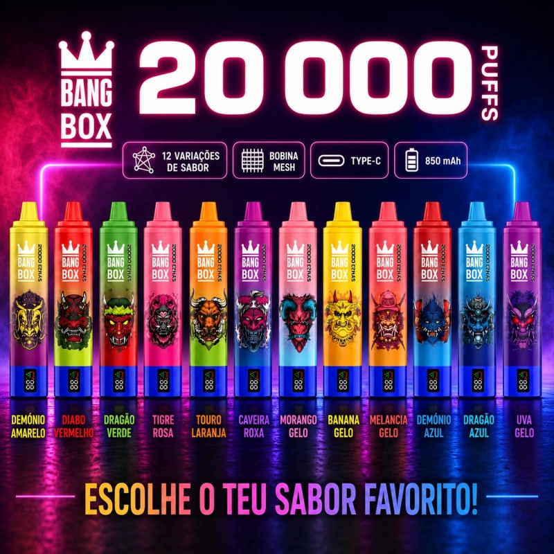 Variedade de sabores Bang Box 20000 puffs vape descartável com frutas tropicais, gelo e opções doces para todos os gostos
