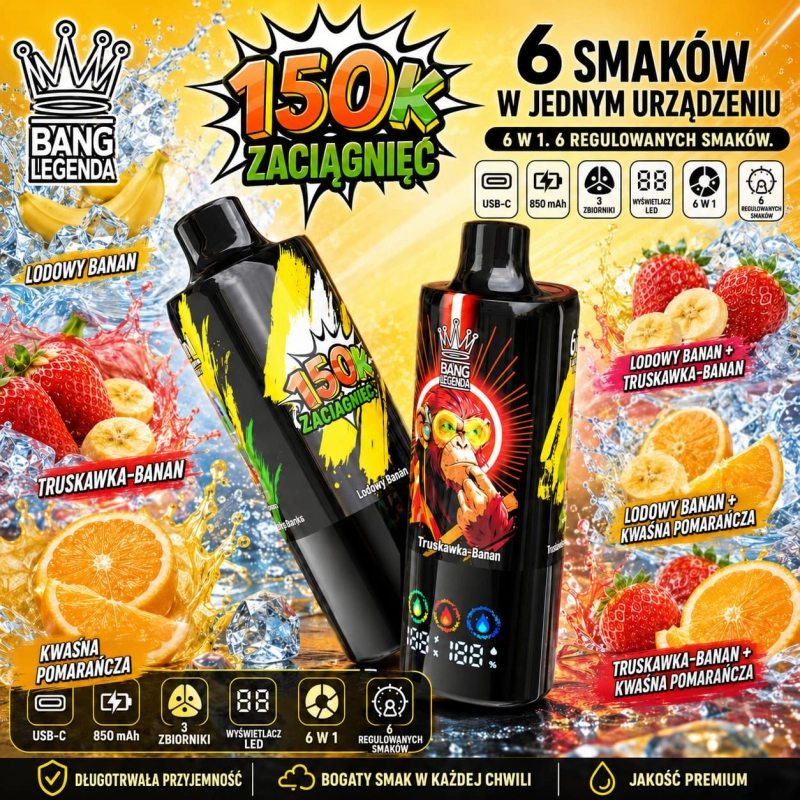 Bang Legend 150K 6 w 1 jednorazowy e-papieros – Banan Lód, Truskawka-Banan, Cytryna-Limonka