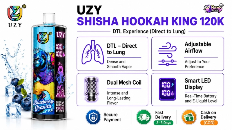 UZY Shisha Hookah King 120K DTL Vape – 120,000 Puffs Rechargeable Vape with LED Display