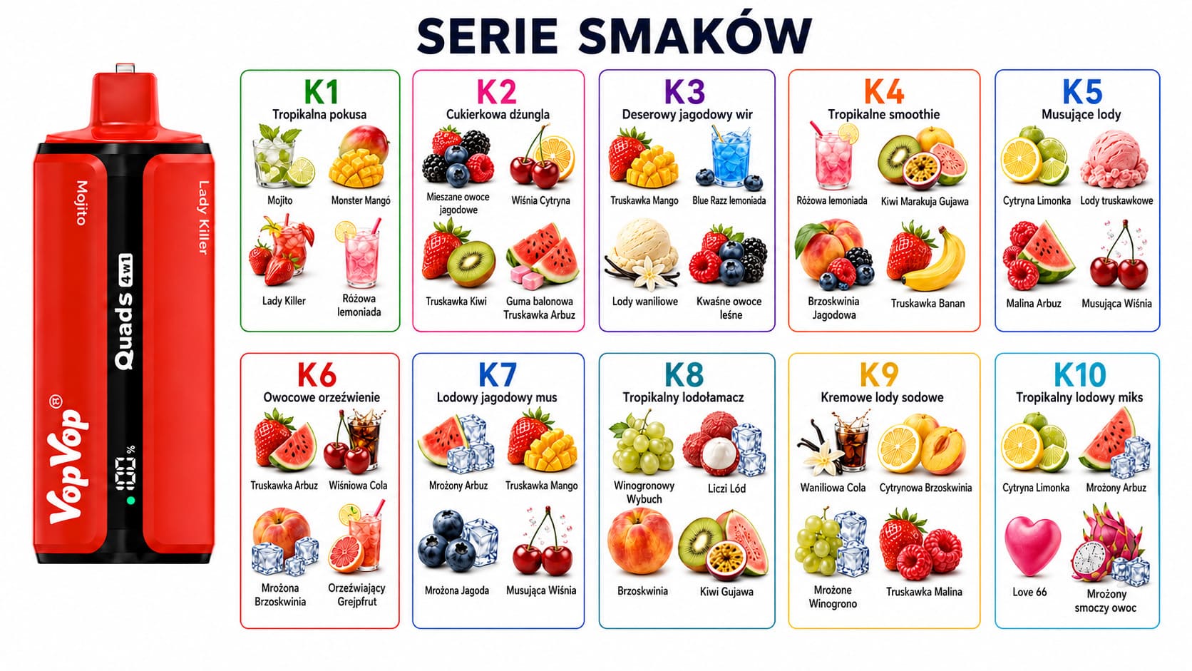 VopVop Quads 4 w 1 10 serii smaków K1 K2 K3 K4 K5 K6 K7 K8 K9 K10 owocowe i lodowe smaki jednorazowy vape