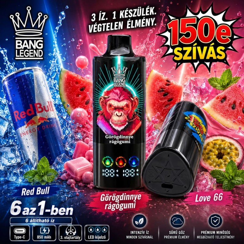Bang Legend 150K Red Bull és görögdinnye rágógumi vape ízkombináció