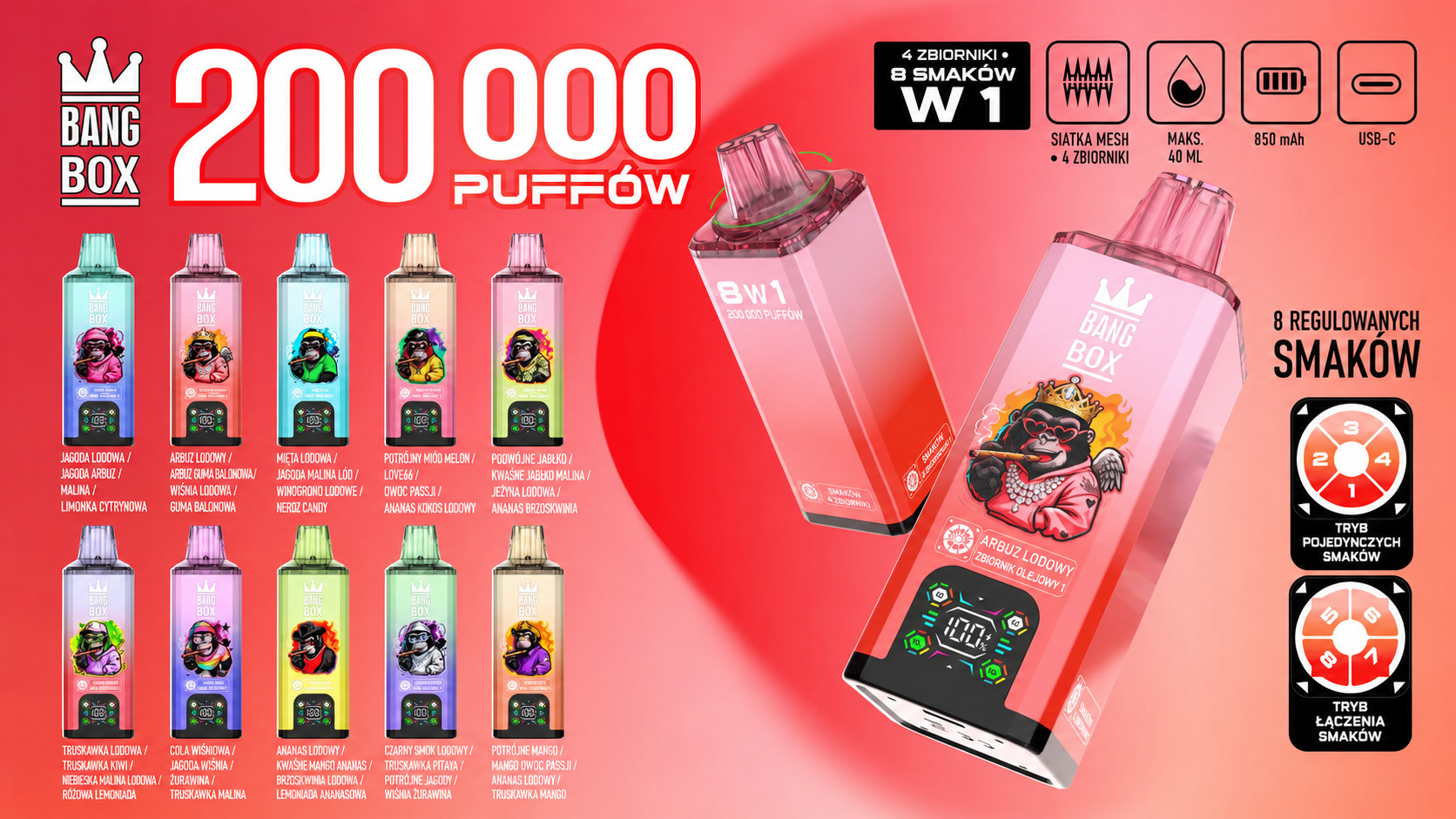 Bang Box 200K 8 w 1 – kolekcja 10 wariantów smakowych, jednorazowy vape 200 000 zaciągnięć