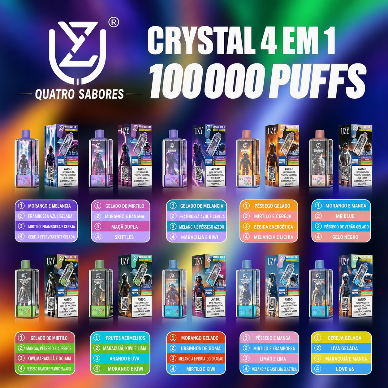 UZY Crystal 100.000 Puffs 4-em-1 vape descartável com sabores gelado de pêssego e mirtilos, cerejas, bebida energética e melão-líchia