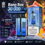 Bang Box 30000 Puffs vape descartável recarregável com dois sabores dragão negro gelado e manga pêssego melancia