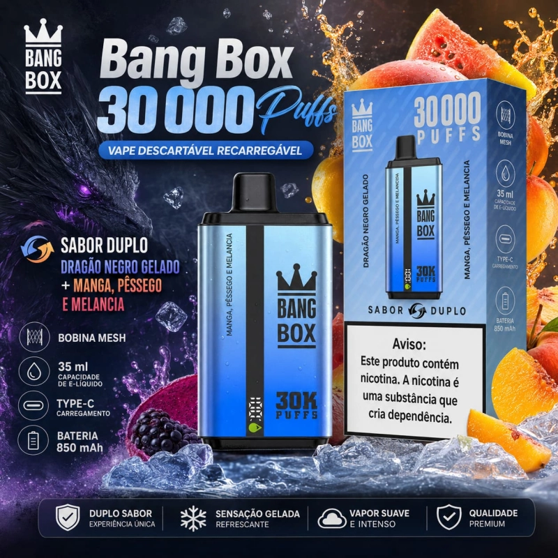 Bang Box 30000 Puffs vape descartável recarregável com dois sabores dragão negro gelado e manga pêssego melancia