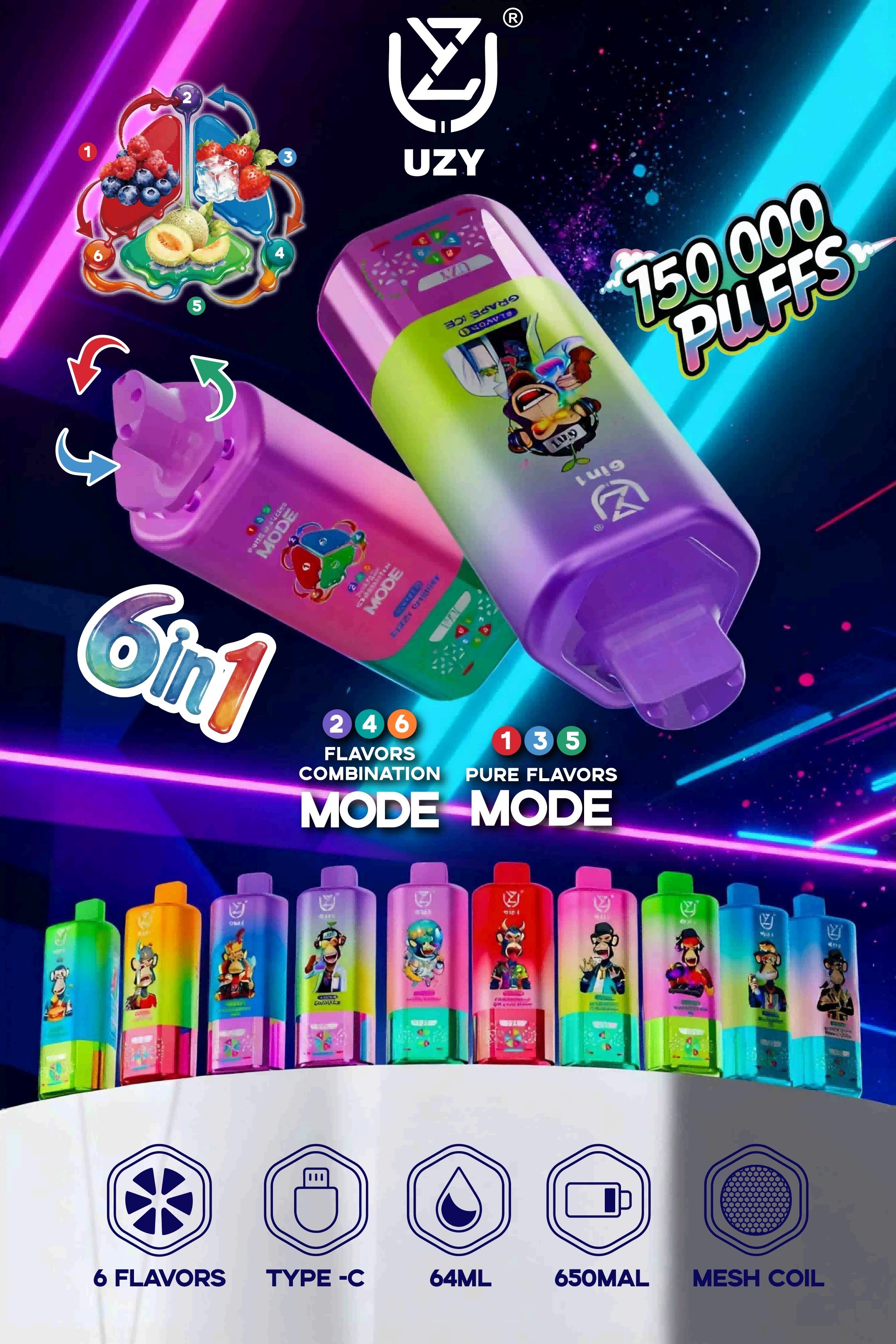 UZY 6-in-1 150K premium crystal-style vape design