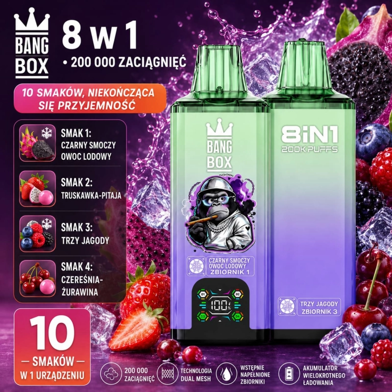 Bang Box 200K 8 w 1 – potrójne mango, marakuja, ananas, truskawka i mango – jednorazowy vape 200 000 zaciągnięć