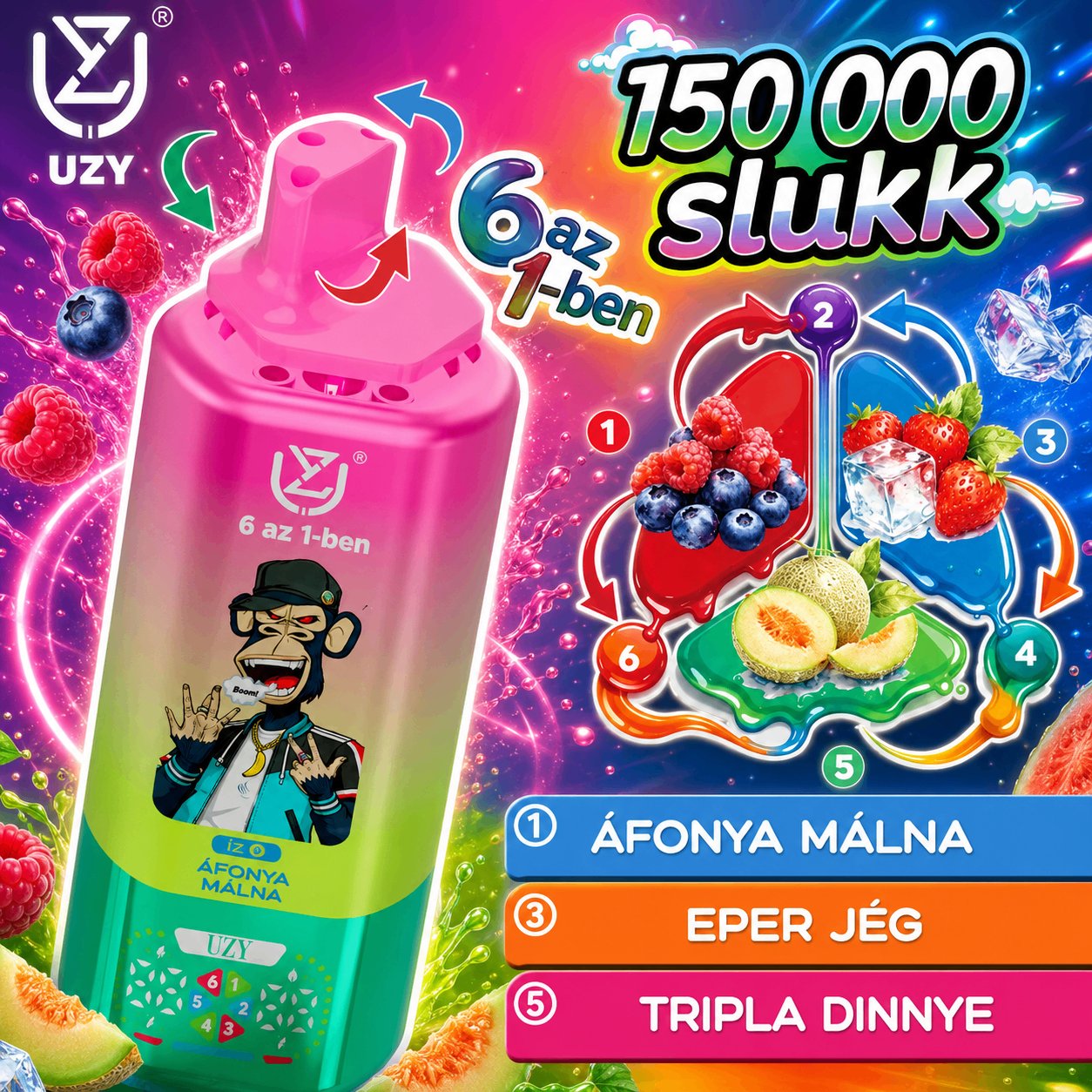 UZY 150K Eper Kivi Kókusz Áfonya sorozat ízek