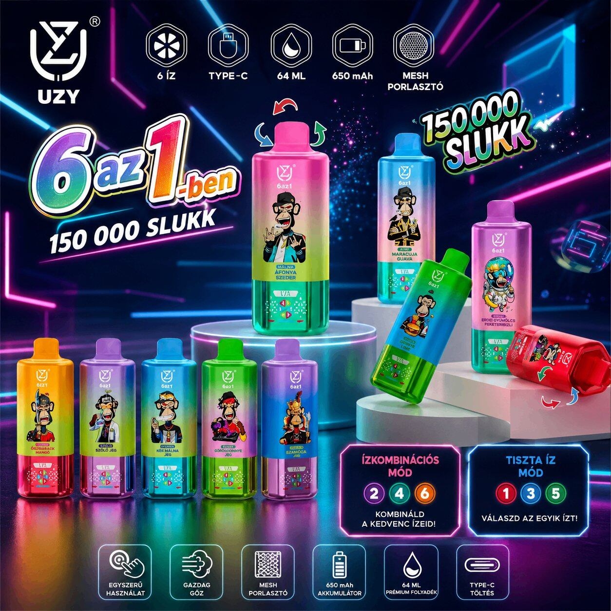 UZY 150K 6 az 1-ben switch vape 10 sorozat 30 íz - műszaki adatok
