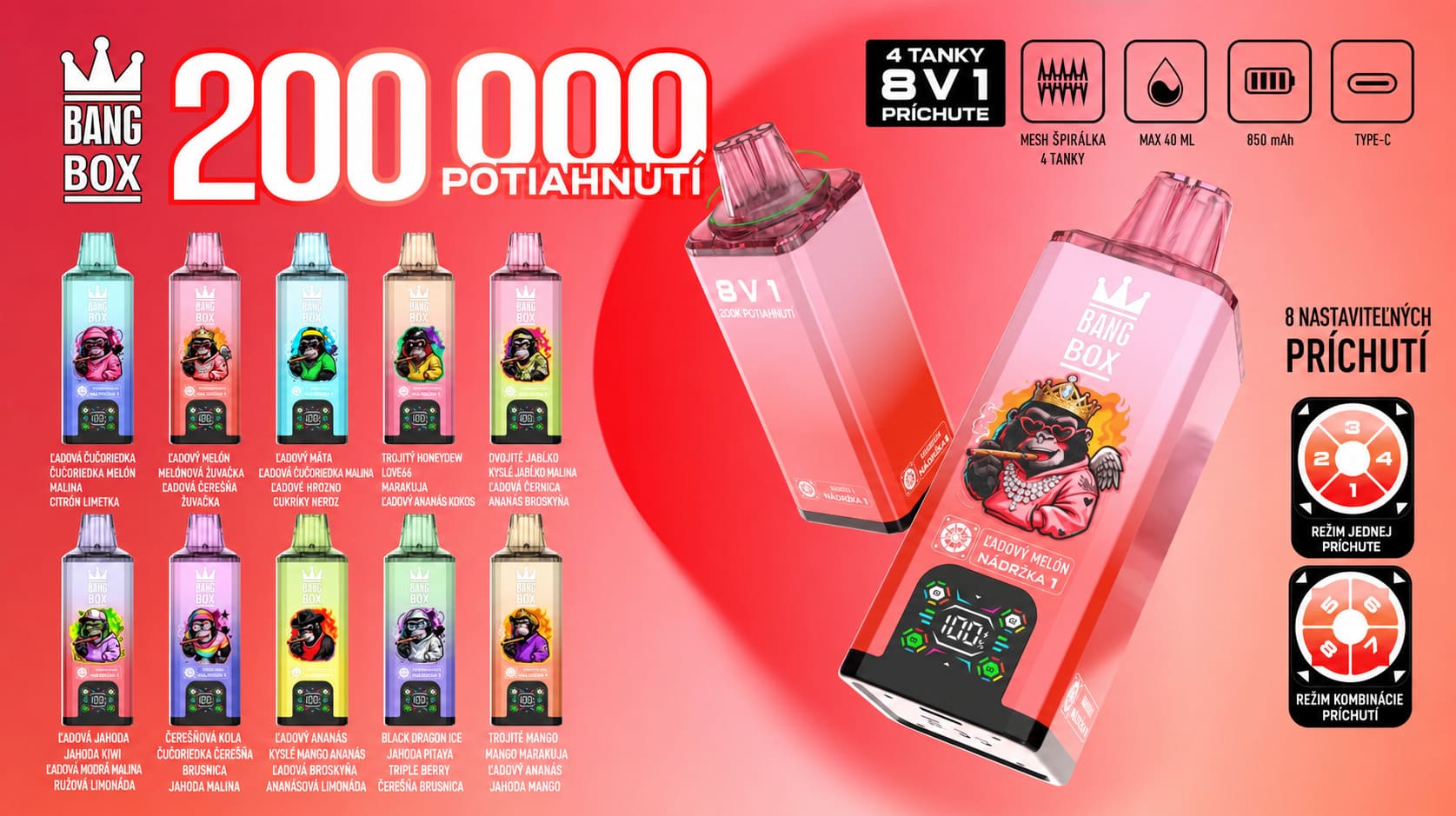 Bang Box 200K 8 v 1 nabíjateľná e-cigareta s 4 nádržkami a 8 ovocnými príchuťami 200000 potiahnutí