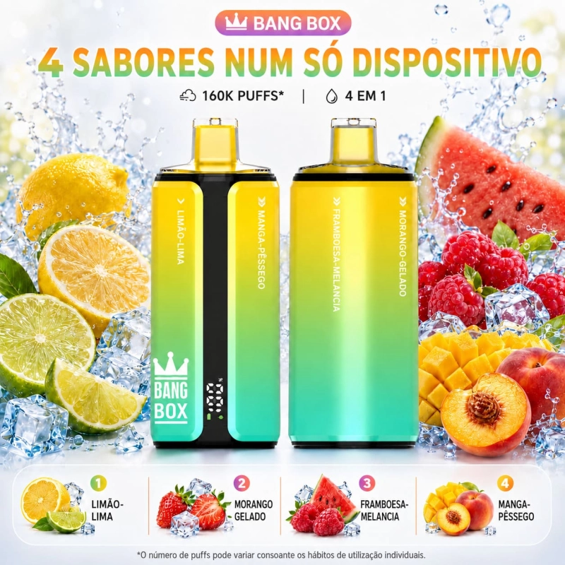 Bang Box 160k puffs vape recarregável sabores Portugal Limão-Lima, Morango gelado, Framboesa melancia, Manga pêssego