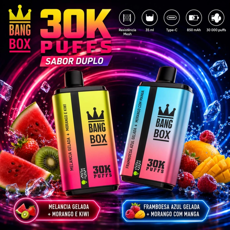 Bang Box 30000 Puffs vape descartável recarregável com dois sabores, mesh coil, 35 ml, Type-C e 850 mAh