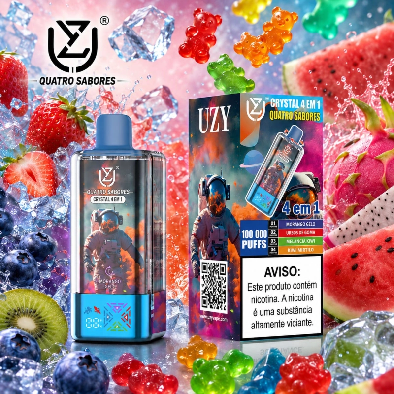 UZY Crystal 100.000 Puffs 4-em-1 vape descartável com sabores gelado de mirtilo e morango, banana, duas maçãs e Skittles