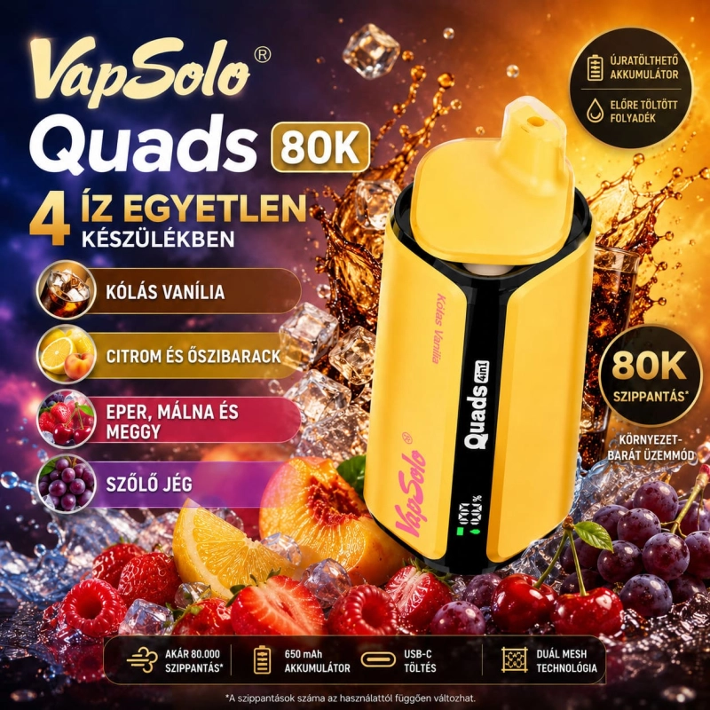 Vapsolo Quads 80K 4 az 1-ben eldobható vape – vanília-kóla, citrom-barack, eper-málna-cseresznye jeges és jeges szőlő ízek