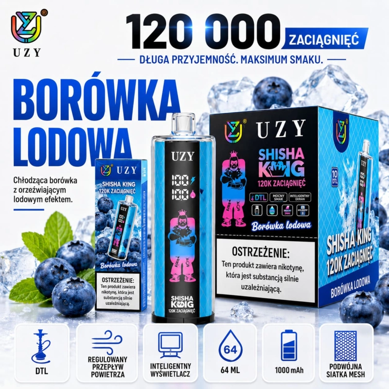 Mrożona jagoda UZY Shisha Hookah King 120K smak borówkowy ice vape DTL