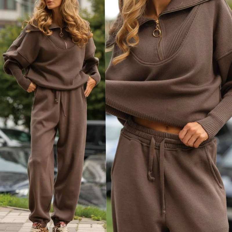 Conjunto de 2 peças de roupa desportiva casual para mulher – top com meio fecho e lapela e jogger a condizer