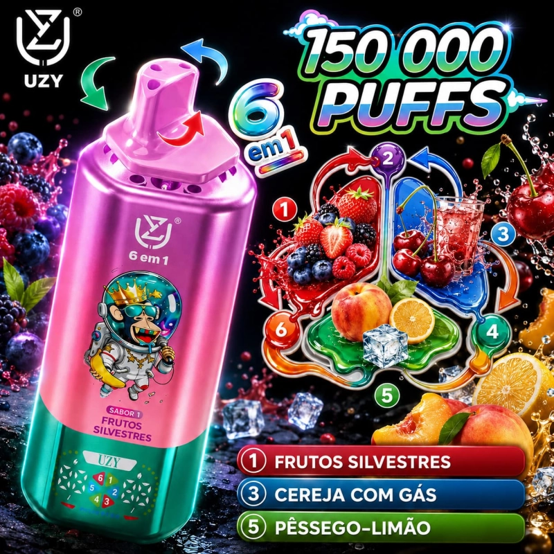 Vape descartável multi-sabores sabor Frutos Vermelhos e Cereja com frutos silvestres, cereja estrelada e pêssego com limão