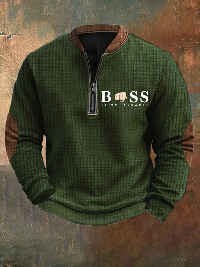 Sweatshirt retro para homem com design de letras estampado com gola com fecho e jacquard quadrado