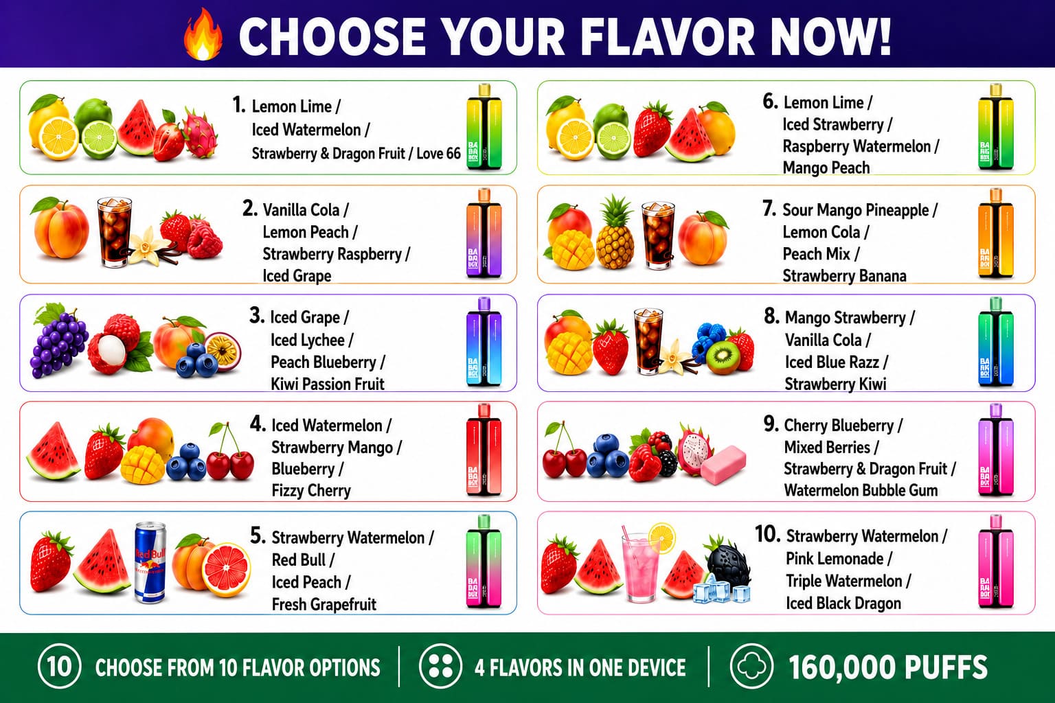 Bang Box 160K 4-in-1 vape flavor selection with 10 flavor combinations and multiple fruit flavors