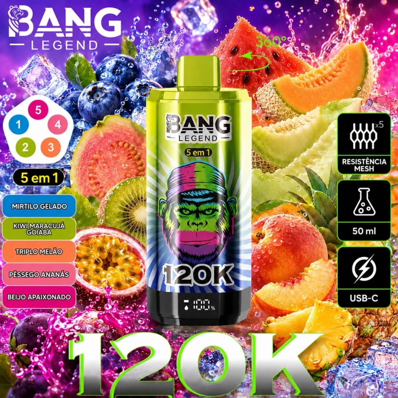 Vape 120K Bang Legend 5 em 1 sabor energético com Red Bull, goma de melancia e Love 66