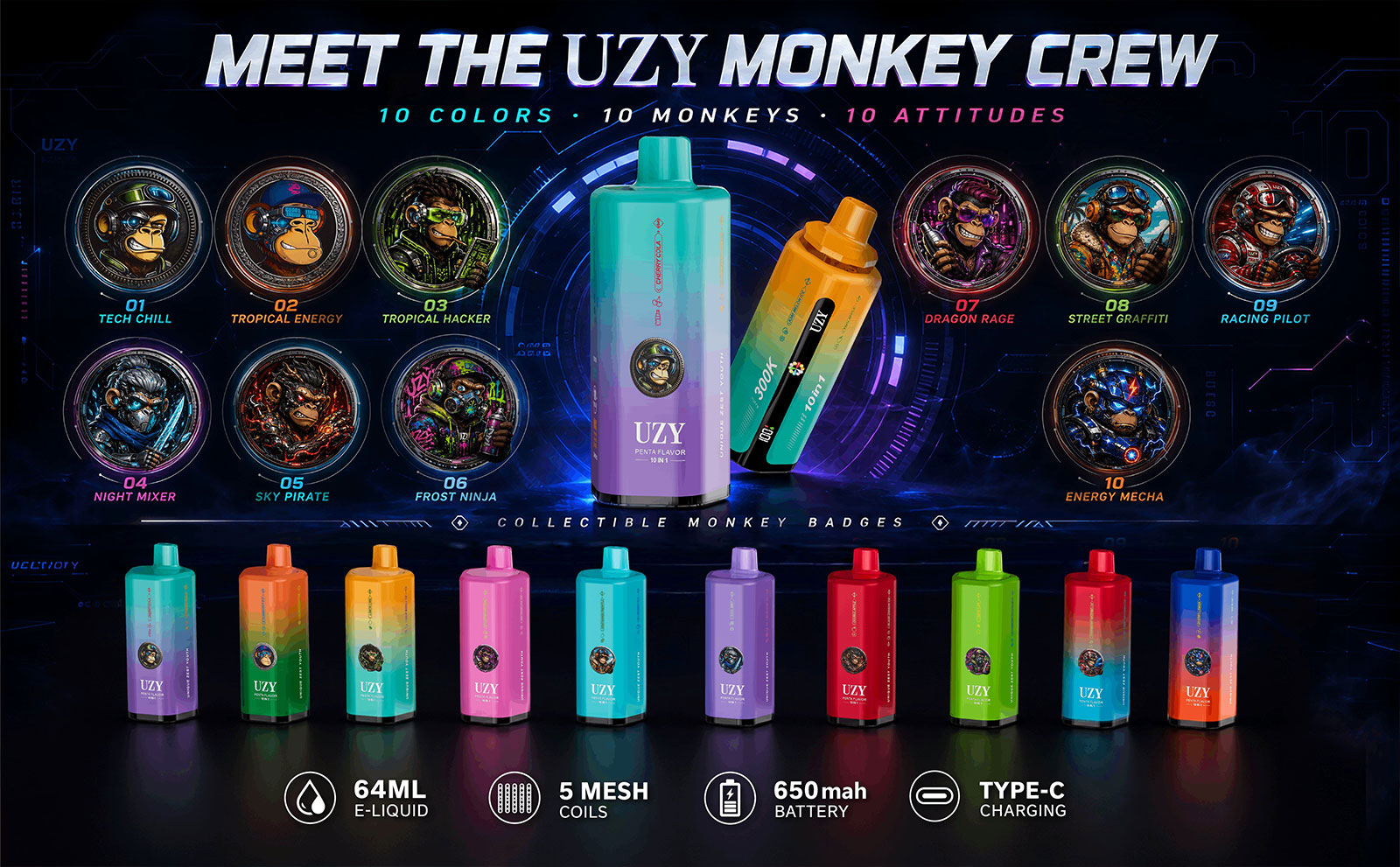 UZY Penta multi-flavor vape device and flavor selection