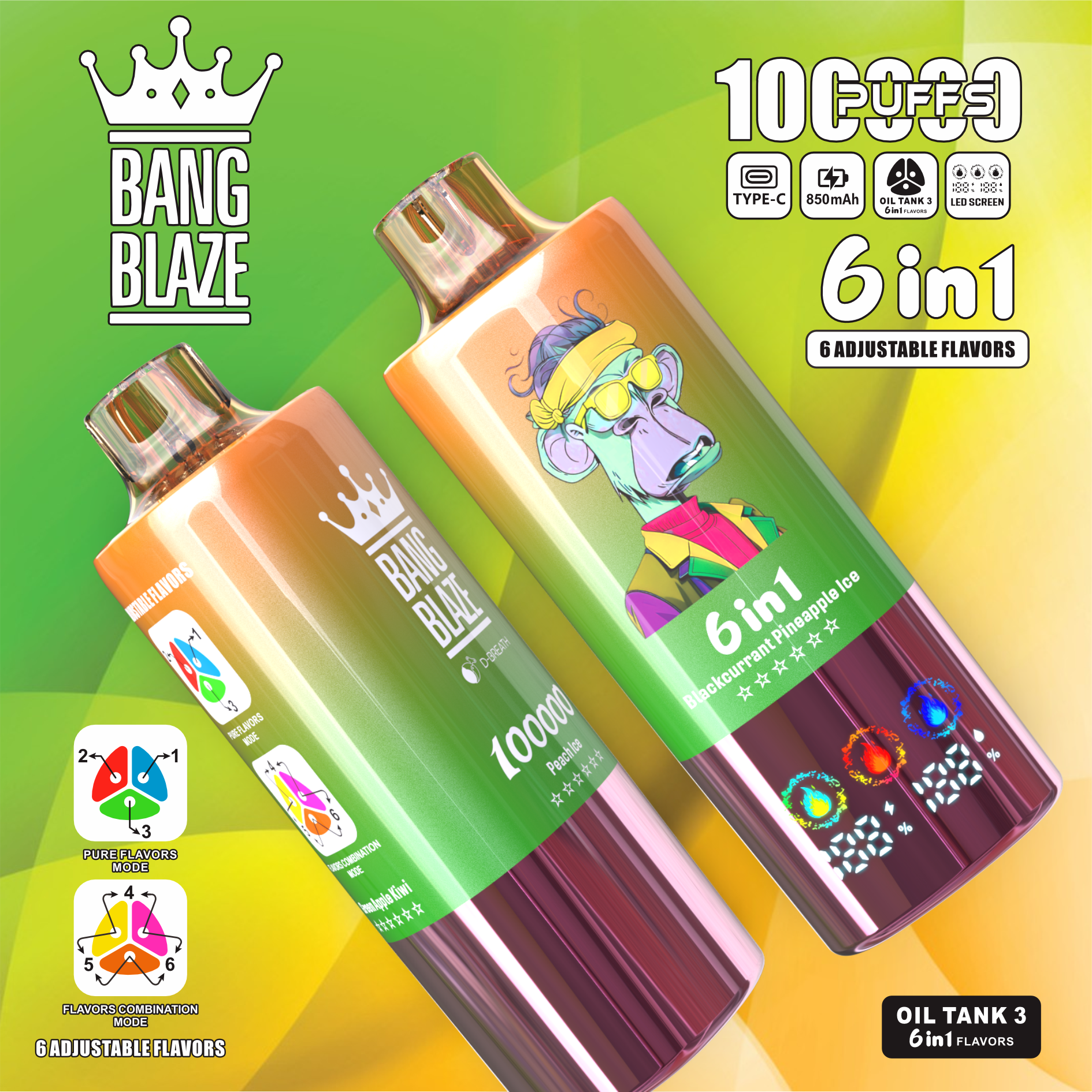Bang Blaze® 100000 100k Puffs 6 az 1-ben Ízek Legújabb Eredeti Újratölthető Led Kijelzős Eldobható Vape