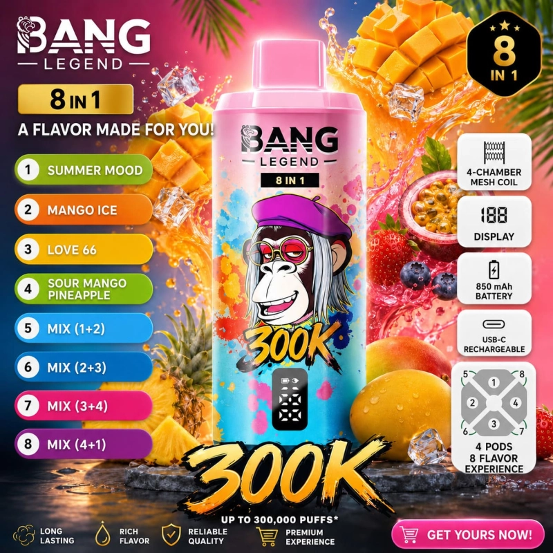 Bang Legend 300K 8-in-1 vape with Summer Time, Mango Ice, Love 66 and Sour Mango Pineapple flavors
