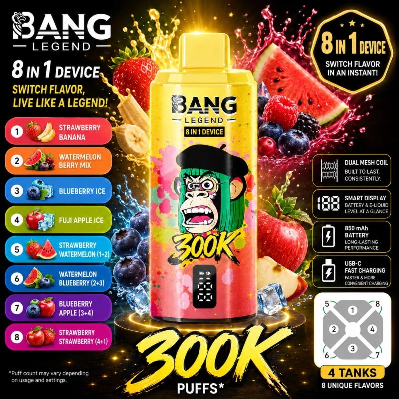 Bang Legend 300K 8-in-1 vape with Strawberry Banana, Watermelon Berry, Blueberry Ice and Fuji Ice flavors