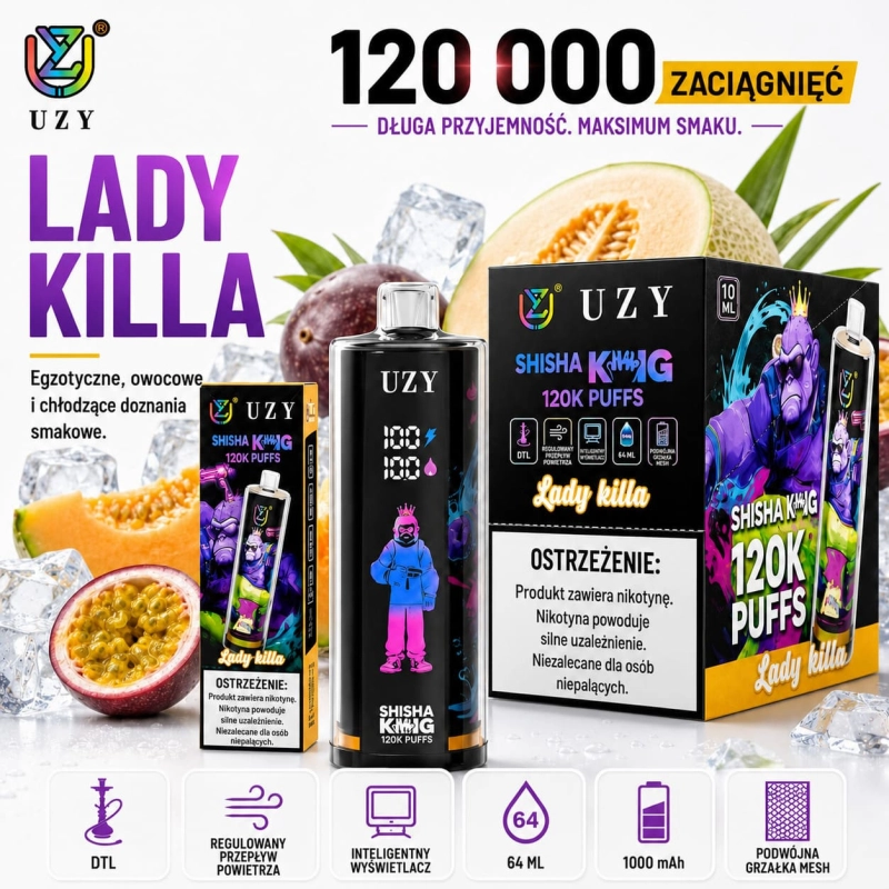 Lady Killa UZY Shisha Hookah King 120K premium flavor vape disposable
