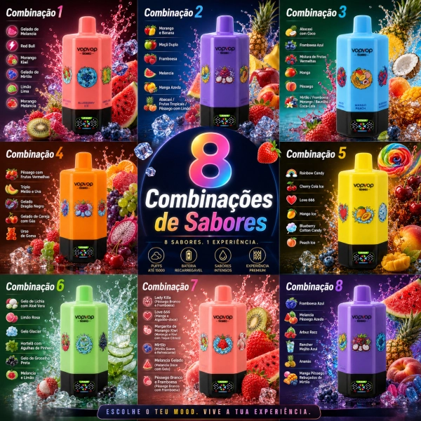 VOPVOP 150.000 Puffs Vape Descartável Recarregável 6 em 1 | 6 Sabores | USB-C | Portugal