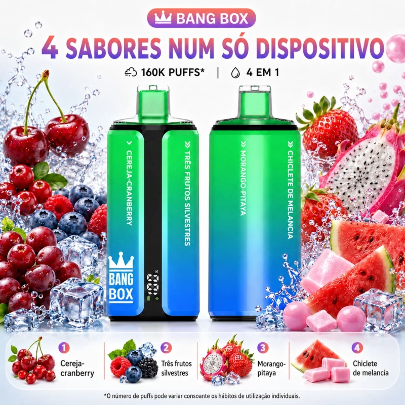 Vape 160000 puffs Portugal sabores Bang Box Cereja mirtilo, Frutos silvestres, Morango fruta dragão, Chiclete melancia
