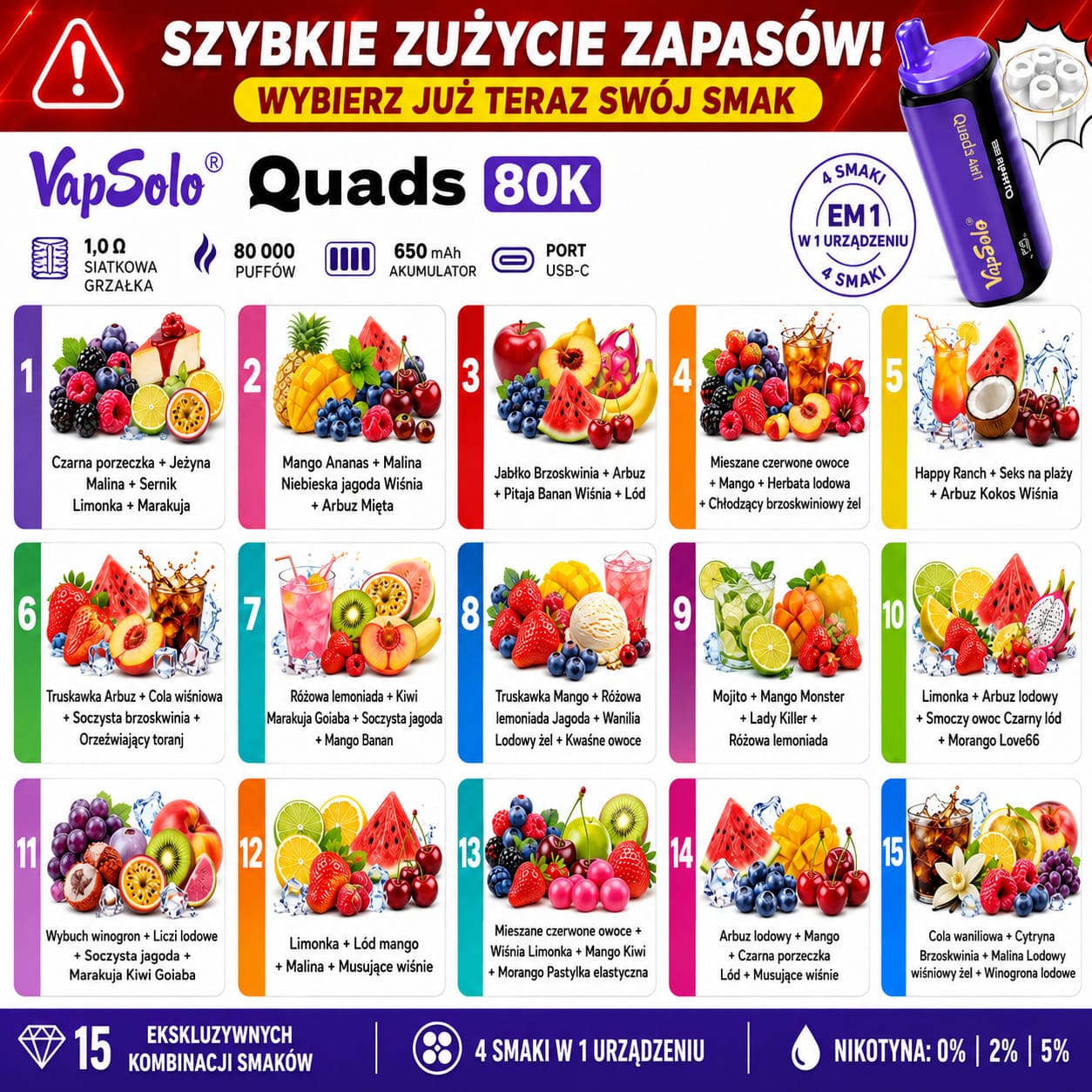 Vapsolo Quads 80K 4 w 1 – 15 kombinacji smaków owocowych, lodowych i deserowych