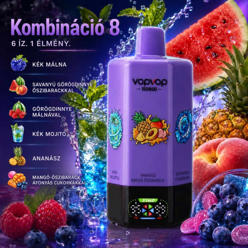 VOPVOP 150K 6 az 1-ben eldobható vape eper-banán, dupla alma, málna-görögdinnye, savanyú mangó, ananász-trópusi gyümölcs-citrom és őszibarack ízekkel