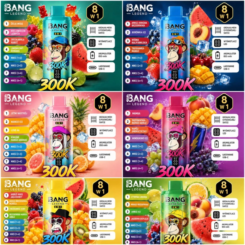Bang Legend 300K 8w1 – dostępne warianty smakowe 1–6, jednorazowy vape 8 smaków w 1, do 300 000 zaciągnięć